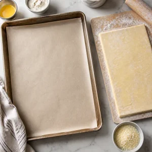 Pasta sfoglia fredda accanto a una teglia rivestita di carta forno
