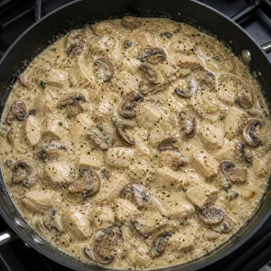 Ripieno cremoso di pollo e funghi che sobbolle in padella