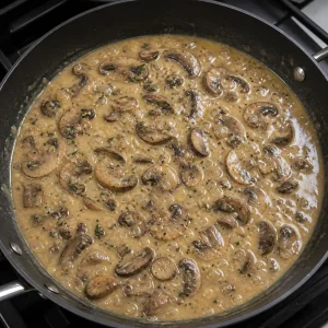 Salsa ai funghi che sobbolle dopo l’aggiunta di vino e brodo