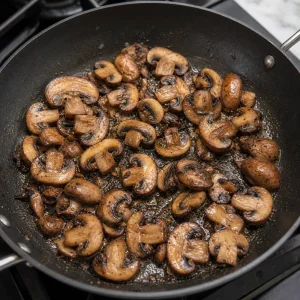 Funghi a fettine che rosolano nel burro in padella