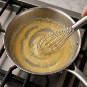 Butter and flour whisked into a pale roux in a saucepan
