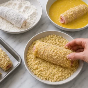 Chicken roll being pressed into buttery panko breadcrumbs