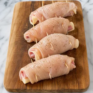 Chicken rolls filled with ham and cheese and secured with toothpicks