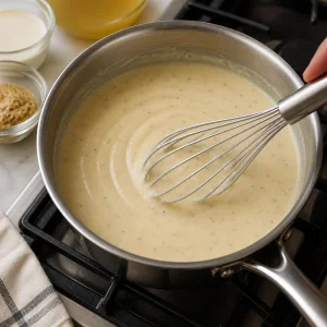 Creamy Dijon sauce being whisked smooth in a saucepan