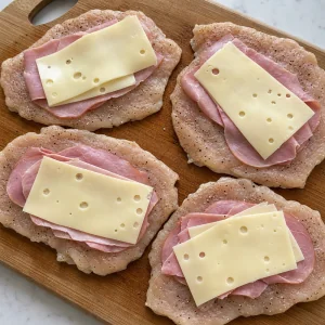 Flattened chicken cutlets topped with ham and Swiss cheese