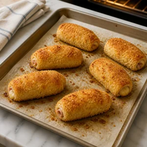 Golden baked chicken cordon bleu rolls on a parchment-lined baking sheet