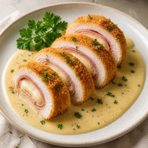 Sliced chicken cordon bleu served with creamy Dijon sauce and parsley