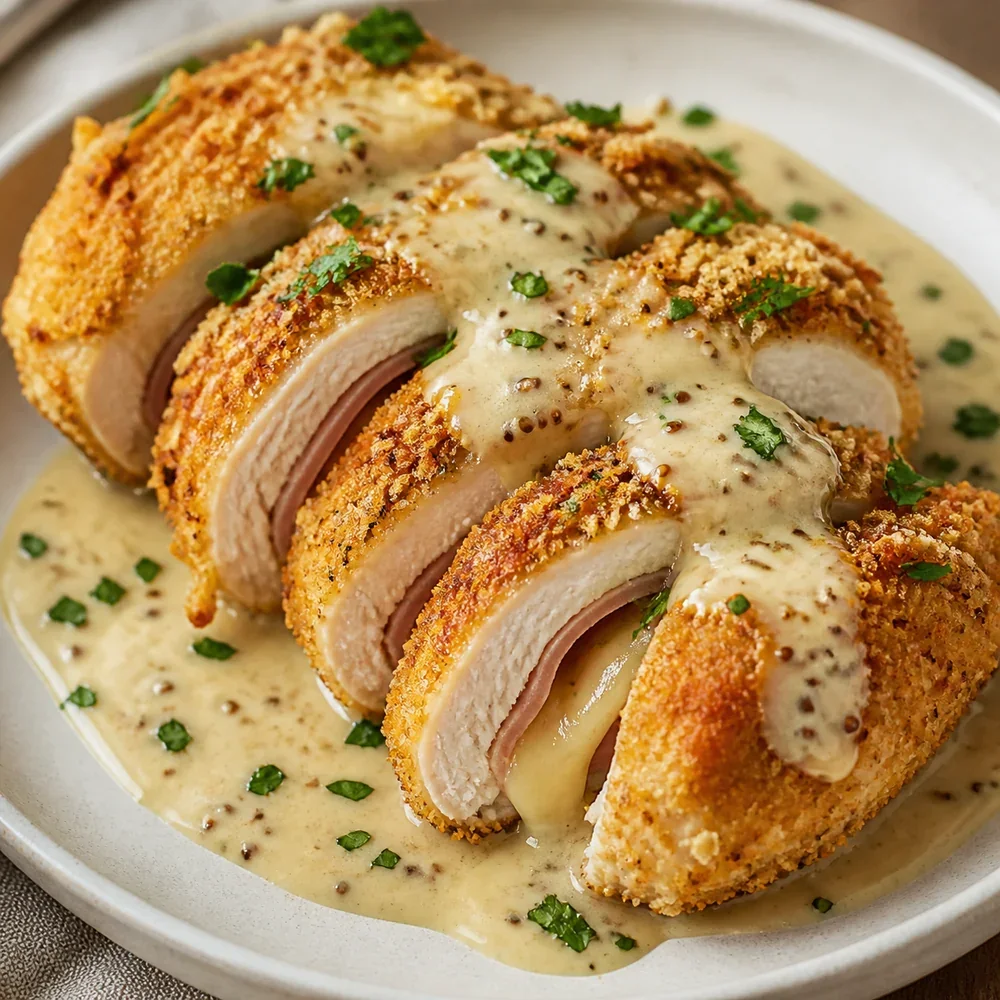 Sliced chicken cordon bleu with creamy Dijon sauce and parsley
