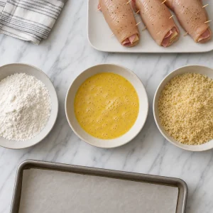 Three bowls with flour, Dijon egg mixture, and panko breadcrumbs