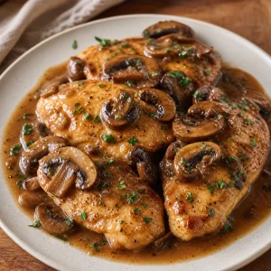Finished Chicken Marsala with mushrooms and parsley on a plate