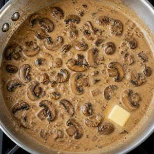 Glossy mushroom Marsala sauce thickening in the skillet