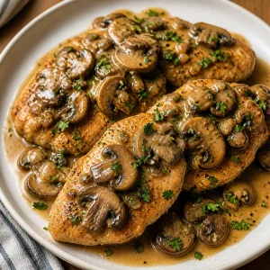 Plated Chicken Marsala topped with mushrooms and parsley