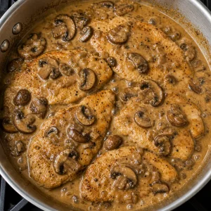 Seared chicken cutlets simmering in mushroom Marsala sauce