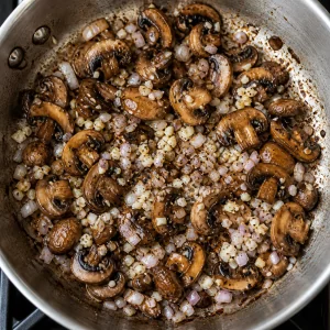 Shallot and garlic stirred into browned mushrooms