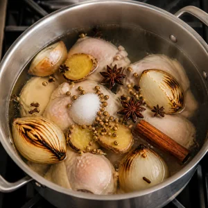 Chicken broth ingredients simmering with roasted onion and spices