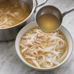Chicken broth ladled over rice noodles and shredded chicken