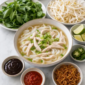 Chicken phở bowl served with fresh garnishes and sauces