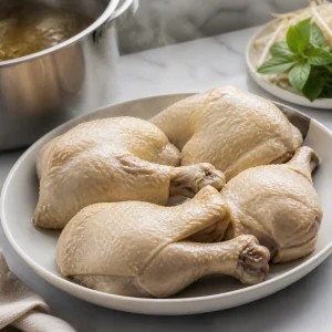 Cooked chicken quarters cooling on a platter