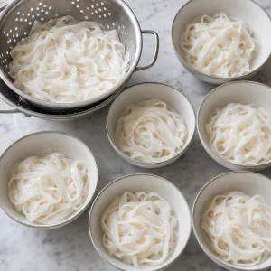 Cooked wide rice noodles divided among bowls