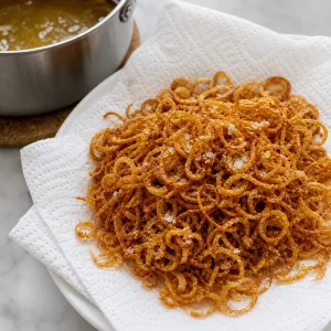 Crisp golden fried shallots draining on paper towels