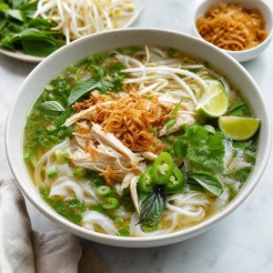 Finished chicken phở bowl with herbs and crispy shallots