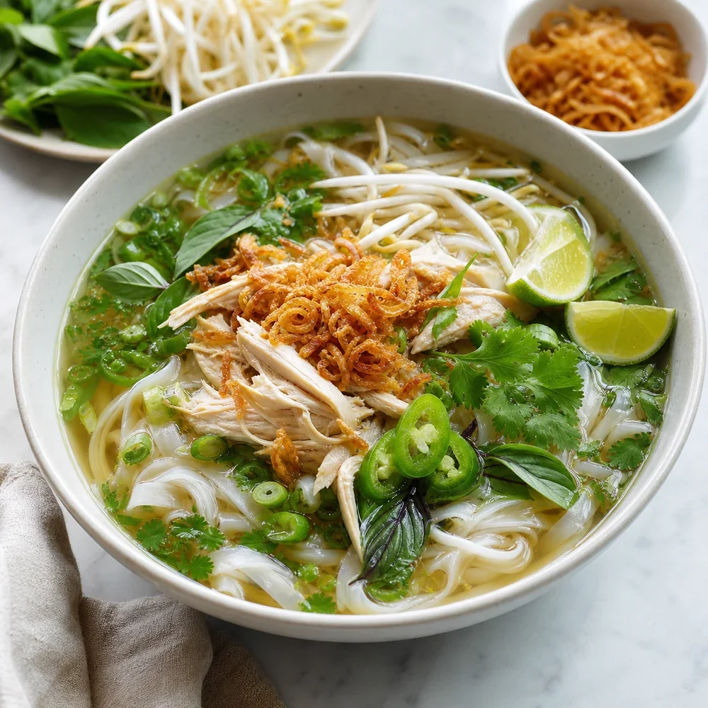 Finished chicken phở bowl with herbs and crispy shallots