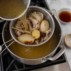 Golden chicken broth being strained through a fine mesh sieve