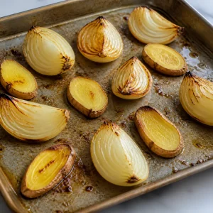 Roasted onion quarters and ginger slices on a sheet pan