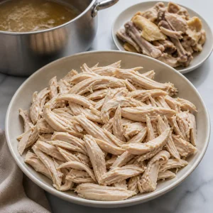 Shredded cooked chicken beside a pot of broth