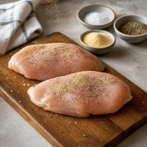 Petti di pollo conditi su un tagliere