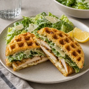 Sandwich Caesar di pollo con waffle tagliato con limone