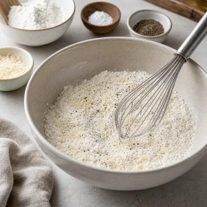 Ingredienti secchi per waffle al parmigiano mescolati in una ciotola