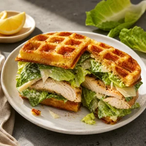Sandwich Caesar di pollo con waffle servito con spicchi di limone