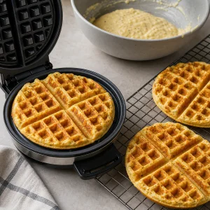 Waffle salati dorati in cottura nella piastra