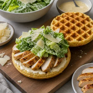 Sandwich aperto con waffle, pollo e romana