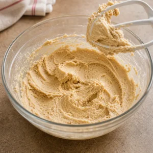 Creamed butter and brown sugar in a mixing bowl