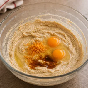 Eggs, orange zest, and vanilla added to cake batter