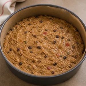 Fruit and walnut batter smoothed in a round cake pan