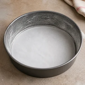 Prepared round cake pan lined with parchment