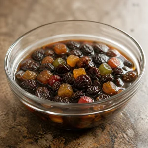 Raisins and candied fruit soaking in rum