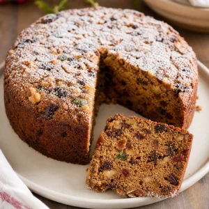 Sliced Chilean Pan de Pascua fruitcake dusted with powdered sugar