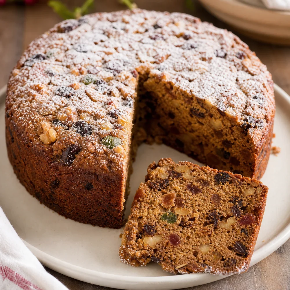 Sliced Chilean Pan de Pascua fruitcake dusted with powdered sugar