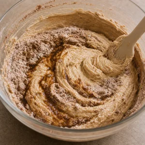 Spiced flour and coffee being mixed into cake batter