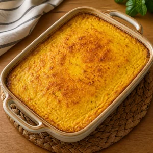 Upieczony pastel de choclo ze złocistą warstwą kukurydzy