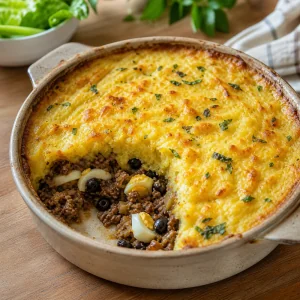 노릇한 옥수수 토핑과 쇠고기 속이 보이는 완성된 파스텔 데 초클로