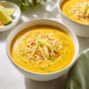 Chilled mango coconut soup garnished with toasted coconut, lime zest, and ginger