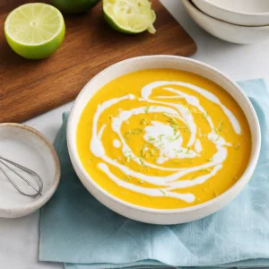 Coconut cream drizzled over chilled mango coconut soup