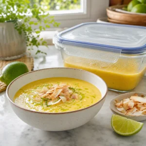 Finished chilled mango coconut soup served cold with leftovers covered nearby