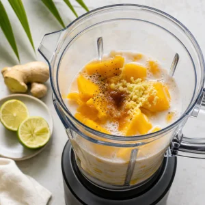 Mango, coconut milk, lime, ginger, honey, salt, and pepper in a blender