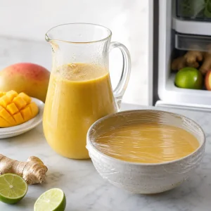 Mango coconut soup poured into a pitcher and bowl to chill